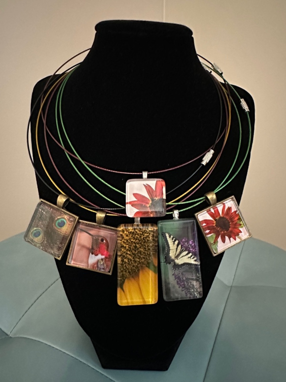 Glass photo pendent with 16” Wire necklace.